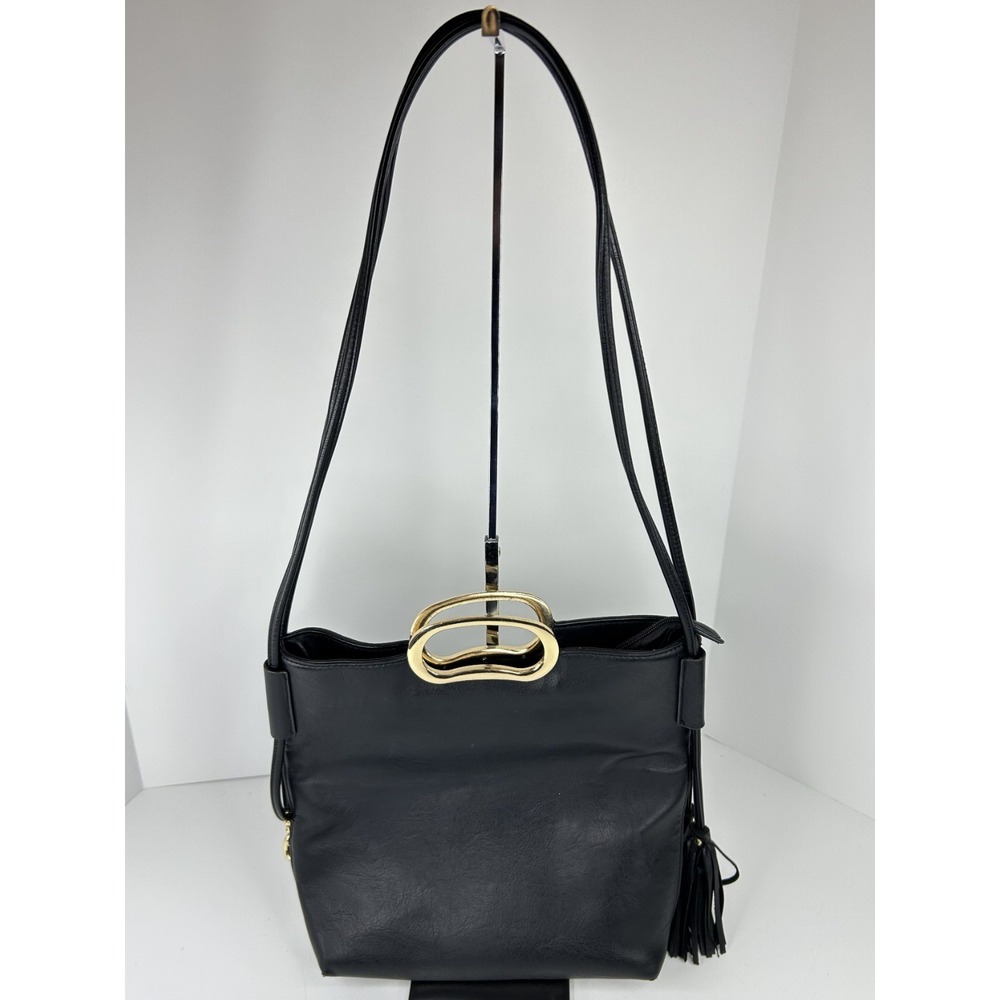 Black Faux Leather Purse Medium Crossbody Metal Handles Chic Inspired Zip Pocket